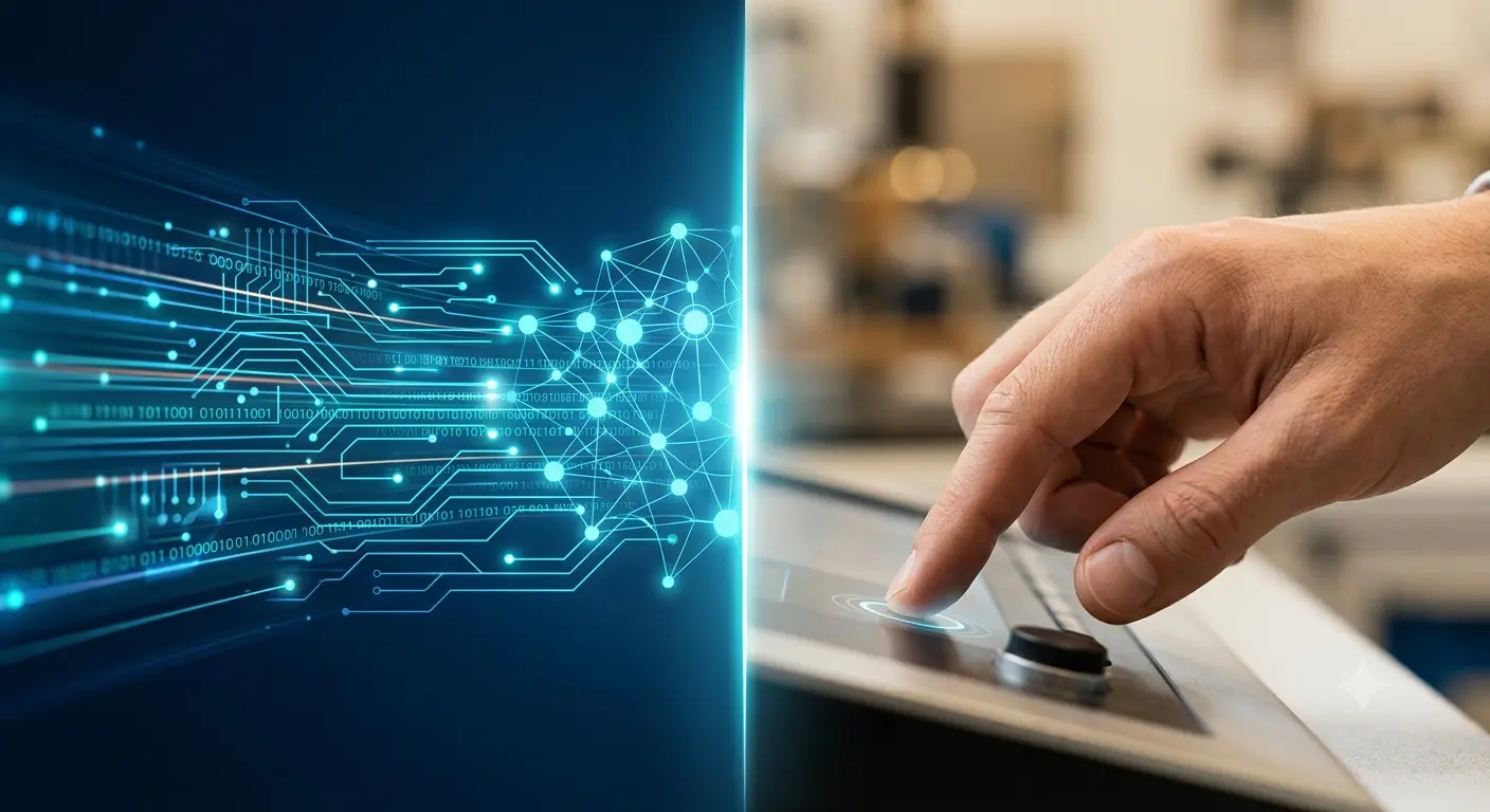 A human hand and a robot hand, each holding a piece of a puzzle, coming together to complete the view