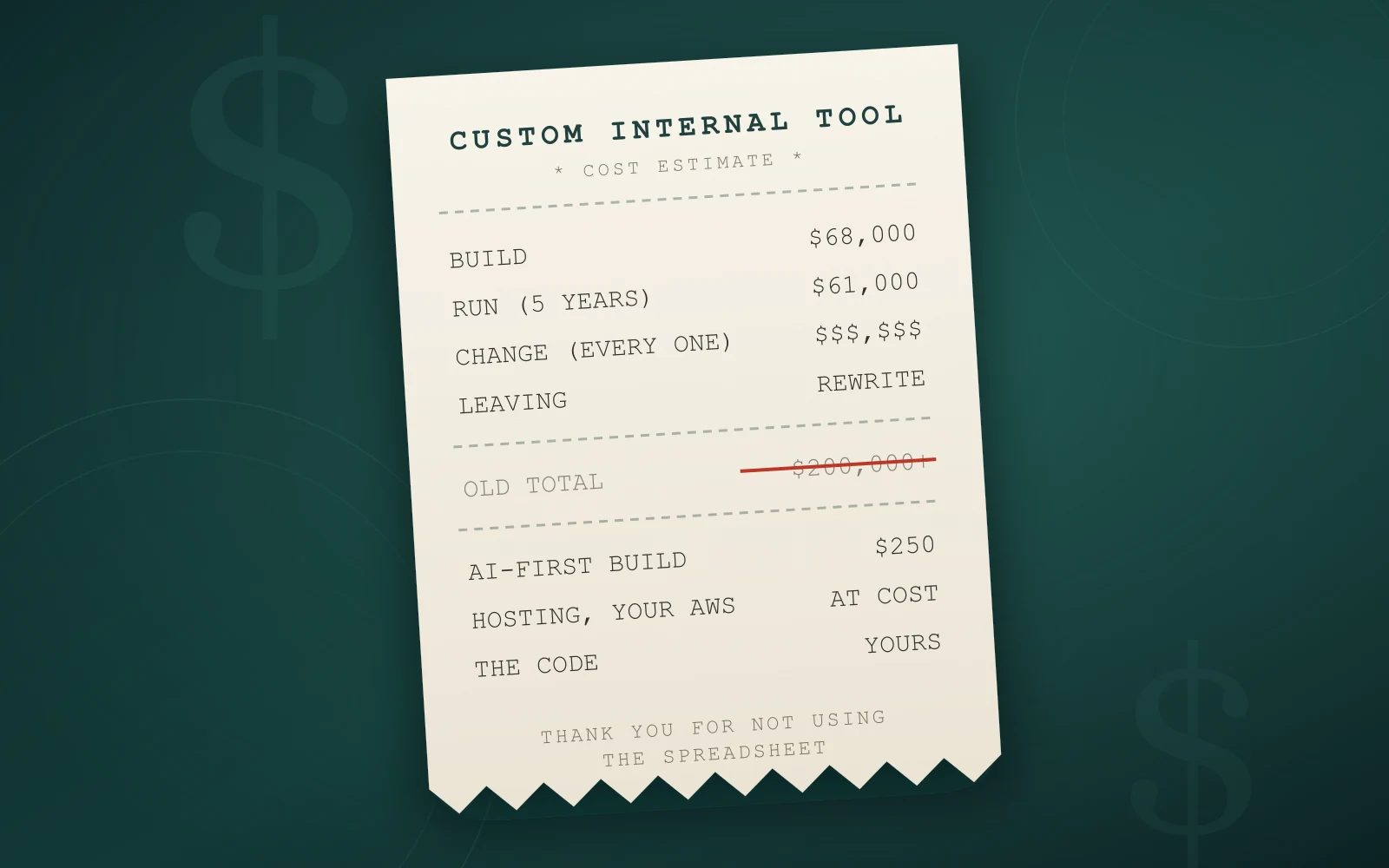 A receipt itemizing the three real costs of a custom internal tool: building it, running it, and changing it