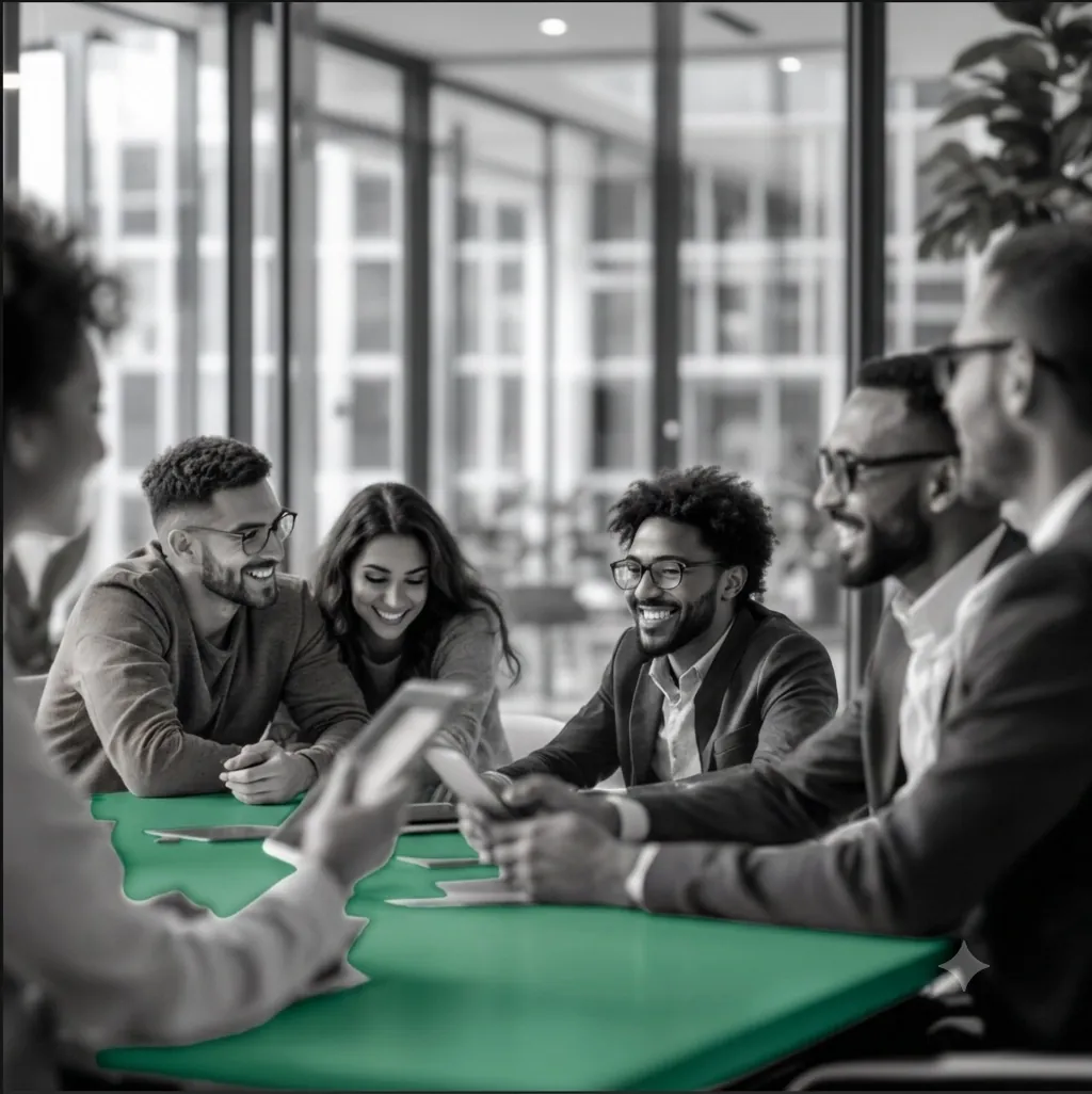 A team gathered around a green boardroom table, laughing together while reviewing work on tablets