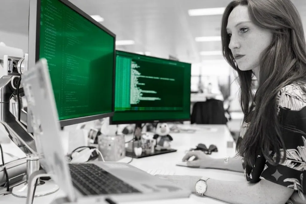 A developer working across two monitors of governed, logged AI-generated code