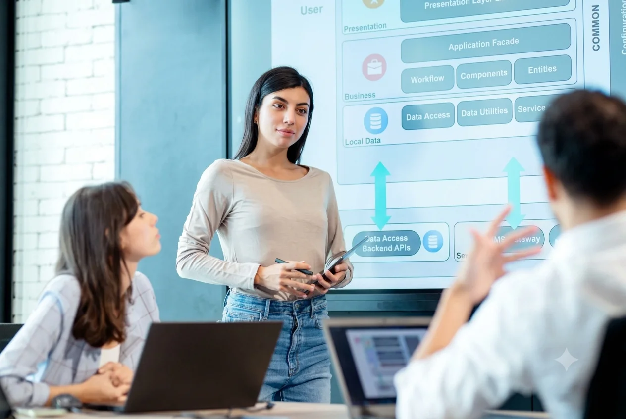 A product owner presenting a layered application architecture diagram on a large screen to two colleagues